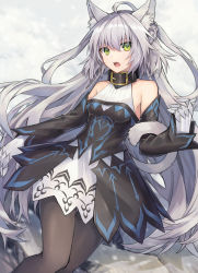 Rule 34 | 1girl, ahoge, animal ears, atalanta (fate), atalanta alter (fate), atalanta alter (first ascension) (fate), bare shoulders, bell, black pantyhose, black theme, blush, breasts, cat ears, cat tail, collar, commentary request, coyucom, detached sleeves, dress, fang, fate/grand order, fate (series), gauntlets, green eyes, green hair, grey hair, hair between eyes, highres, long hair, looking at viewer, medium breasts, neck bell, open mouth, pantyhose, solo, standing, tail, thigh gap, two side up, very long hair