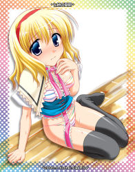 Rule 34 | 1girl, alice margatroid, arm support, black thighhighs, blonde hair, blue eyes, blush, bra, breast suppress, breasts, capelet, dutch angle, embarrassed, female focus, frown, hairband, lingerie, looking at viewer, necktie, no pants, nose blush, panties, sash, shigemiya kyouhei, shiny clothes, shiny skin, sitting, solo, striped clothes, striped panties, sweat, thighhighs, touhou, underwear, wavy mouth, white panties, wooden floor, yokozuwari