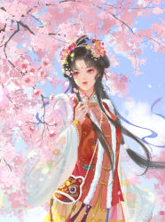 Rule 34 | 1girl, animal bag, beads, black hair, blue sky, cherry blossoms, chinese clothes, closed mouth, cloud, fur trim, hair bun, hair rings, hand on own chest, highres, long hair, long sleeves, looking to the side, lu c, original, outdoors, red vest, see-through, see-through skirt, skirt, sky, solo, thighhighs, upper body, vest