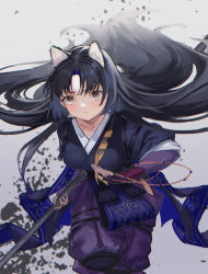 Rule 34 | 1girl, absurdres, animal ears, arknights, beads, black hair, black kimono, breasts, brown eyes, dog ears, floating hair, giftforalice, grey background, highres, holding, holding weapon, japanese clothes, kimono, long hair, looking at viewer, medium breasts, prayer beads, saga (arknights), solo, weapon