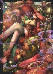 Rule 34 | 1girl, absurdres, black border, border, breasts, brown hair, commentary, crossed legs, dress, flower, gem, green gemstone, green hair, grey thighhighs, hair over one eye, hat, highres, holding, holding smoking pipe, holding staff, kiseru, large breasts, light particles, long hair, looking at viewer, mole, mole under eye, multicolored hair, nature, ohako (ohako1818), original, outside border, personification, plant, plant roots, rafflesia (flower), rafflesia arnoldi, red eyes, red footwear, revision, shoes, shrug (clothing), sidelocks, smile, smoke, smoking pipe, solo, staff, thighhighs, very long hair