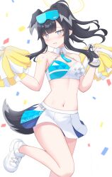 Rule 34 | 1girl, absurdres, animal ears, black hair, blue archive, blush, bracelet, breasts, cheerleader, cleavage, confetti, crop top, dog ears, dog girl, dog tail, eyewear on head, frown, gloves, grey eyes, halo, halter shirt, halterneck, hibiki (blue archive), hibiki (cheer squad) (blue archive), highres, holding, holding pom poms, jewelry, jitome, kyujuukyu, long hair, looking at viewer, medium breasts, midriff, navel, open mouth, partially fingerless gloves, pleated skirt, pom pom (cheerleading), pom poms, ponytail, shoes, skirt, sneakers, solo, standing, standing on one leg, tail, wavy mouth