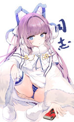 Rule 34 | 1girl, absurdres, animal ears, azur lane, blue eyes, blush, cellphone, coat, commentary request, dress, fake animal ears, fur trim, graphite (medium), hair ornament, highres, long hair, long sleeves, looking at viewer, open mouth, panties, pantyshot, phone, photoshop (medium), pom pom (clothes), purple hair, sitting, smartphone, solo, striped clothes, striped panties, sweater, tashkent (azur lane), thighhighs, traditional media, translation request, underwear, very long hair, white coat, white thighhighs, wide sleeves, winter clothes, yue (qtxyjiang)