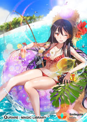 Rule 34 | 1girl, beach, bikini, black hair, blush, breasts, character request, cleavage, closed eyes, cup, female focus, fish, hat, ice (ice aptx), innertube, leaf, one eye closed, orange eyes, palm tree, qurare magic library, smile, solo, swim ring, swimsuit, tree, water