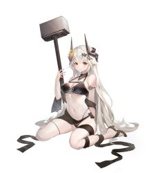 1girl arknights bikini black_bikini black_horns breasts chinese_commentary cleavage closed_mouth commentary_request flower full_body grey_hair hair_flower hair_ornament hammer holding holding_hammer holding_weapon horns light_smile long_hair looking_at_viewer medium_breasts mudrock_(arknights) navel red_eyes red_flower simple_background sitting sledgehammer solo swimsuit too_many_watermarks wariza watermark weapon white_background yashengshuimu yellow_flower