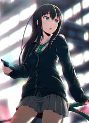 Rule 34 | 10s, 1girl, 40hara, black hair, breasts, buttons, cardigan, cellphone, chromatic aberration, collarbone, highres, idolmaster, idolmaster cinderella girls, jewelry, long hair, looking to the side, necklace, open mouth, outdoors, phone, school uniform, shibuya rin, skirt, small breasts, solo, standing