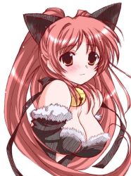 Rule 34 | 1girl, animal ears, bell, blush, breasts, brown eyes, cat, cat ears, cleavage, detached sleeves, elbow gloves, extra ears, gloves, kemonomimi mode, kousaka tamaki, light smile, long hair, masuyama kei, red hair, ribbon, solo, to heart, to heart (series), to heart 2, twintails, upper body, white background