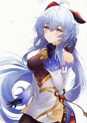 Rule 34 | ahoge, bare shoulders, bell, black gloves, blue hair, blush, bow, bowtie, breasts, chinese knot, detached sleeves, flower knot, ganyu (genshin impact), genshin impact, gloves, gold trim, highres, horns, imblossoms, long hair, looking to the side, low ponytail, medium breasts, neck bell, purple eyes, sidelocks, snowflakes, solo, tassel, very long hair, vision (genshin impact), white background, white sleeves