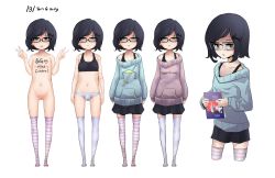 Rule 34 | 1boy, 4chan, absurdres, artist name, bat hair ornament, black-framed eyewear, black hair, black skirt, body writing, book, bra, bulge, character sheet, closed mouth, dark yaoi, double v, flaccid, flat chest, g (4chan), glasses, hair ornament, highres, holding, holding book, looking at viewer, male focus, navel, nipples, open mouth, original, panties, penis, profanity, sanpaku, simple background, skirt, solo, standing, striped clothes, striped thighhighs, sweater, testicles, thighhighs, training bra, trap, uncensored, underwear, v, variations, white background, zettai ryouiki