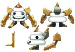 Rule 34 | 1boy, bandai, character sheet, concept art, damemon, digimon, digimon (creature), gloves, looking at viewer, mechanical arms, mechanical legs, multiple views, no humans, non-humanoid robot, official art, open mouth, robot, scan, smile, solo, tonfa, weapon