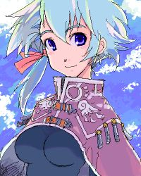 Rule 34 | 1girl, blue eyes, blue hair, blue sky, blush, bow, breasts, buckle, cape, cloak, cloud, day, hair ribbon, impossible clothes, kusanagi tonbo, looking at viewer, lowres, matching hair/eyes, oekaki, original, ribbon, short hair, side ponytail, skin tight, sky, smile, solo, upper body