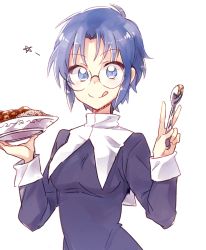 Rule 34 | 00s, 1girl, 6 (yuchae), blue eyes, blue hair, blush, breasts, ciel (tsukihime), curry, curry rice, food, glasses, habit, licking lips, looking at viewer, matching hair/eyes, medium breasts, melty blood, plate, rice, short hair, simple background, smile, solo, spoon, star (symbol), tongue, tongue out, tsukihime, v