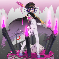 Rule 34 | 1boy, absurdres, black cape, black hair, black hat, cake, candle, candlelight, cape, checkered clothes, checkered scarf, commentary request, copyright name, cream, danganronpa (series), danganronpa v3: killing harmony, fang, food, foreshortening, fork, from behind, full body, hair between eyes, hat, highres, holding, holding fork, jacket, long sleeves, looking at viewer, male focus, nanin, oma kokichi, open mouth, oversized object, pants, purple eyes, purple hair, scarf, short hair, smile, solo, standing, straitjacket, teeth, upper teeth only, white jacket, white pants