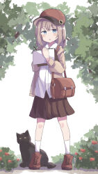 Rule 34 | 1girl, :c, absurdres, bag, black cat, black skirt, blue eyes, blush, brown hair, brown jacket, bush, cat, collared shirt, colon br, cross-laced footwear, day, dot nose, drawing, flower, full body, hat, highres, holding, holding pencil, holding sketchbook, hood, hood down, hooded jacket, jacket, long bangs, long sleeves, looking at viewer, medium hair, miniskirt, open clothes, open jacket, open mouth, original, outdoors, pencil, pleated skirt, raised eyebrows, red flower, red footwear, red hat, shirt, shoes, shoulder bag, sidelocks, sketchbook, skirt, slit pupils, socks, solo, tree, white shirt, white socks