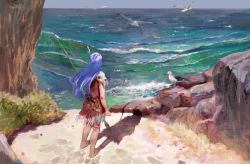 Rule 34 | 1girl, absurdres, barefoot, bird, blue hair, brown dress, clenched hand, commentary, dirty, dirty feet, dress, english commentary, feather hair ornament, feathers, female focus, from behind, full body, hair ornament, highres, holding, holding polearm, holding weapon, kang suki, neolithic girl, ocean, outdoors, polearm, prehistoric, sand, seagull, skull, solo, spear, standing, vijoux, weapon