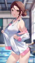 Rule 34 | 1girl, absurdres, bare shoulders, blurry, blurry background, breasts, brown hair, collarbone, competition swimsuit, covered navel, cowboy shot, facing to the side, groin, hair up, highres, jacket, long hair, long sleeves, looking at viewer, love live!, love live! sunshine!!, medium breasts, off shoulder, one-piece swimsuit, open mouth, pool, sakurauchi riko, solo, swimsuit, white jacket, white one-piece swimsuit, yamaori (yamaorimon), yellow eyes