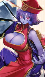 Rule 34 | 1girl, artist name, blue skin, breasts, cleavage, cleavage cutout, clothing cutout, colored skin, commentary request, hat, highres, jiangshi, large breasts, lei lei, pink eyes, pupps, purple hair, signature, solo, vampire (game)