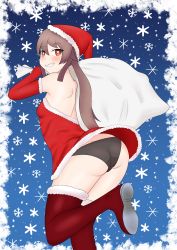 Rule 34 | 1girl, absurdres, alternate costume, ass, bare shoulders, blush, boots, breasts, brown hair, butt crack, christmas, dress, elbow gloves, enderg, from behind, genshin impact, gloves, grin, hat, highres, hu tao (genshin impact), long hair, looking at viewer, looking back, panties, red eyes, santa costume, santa hat, shiny skin, sideboob, smile, solo, thigh boots, thighhighs, twintails, underwear, very long hair