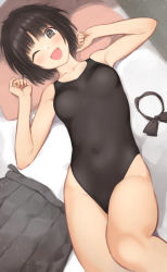 Rule 34 | 1girl, ;d, amagami, bare shoulders, black eyes, black hair, black one-piece swimsuit, blush, breasts, closed eyes, covered navel, head tilt, highres, looking at viewer, lying, on back, one-piece swimsuit, one eye closed, open mouth, pleated skirt, school swimsuit, serizawa (serizawaroom), short hair, skirt, unworn skirt, smile, solo, swimsuit, tachibana miya, thighs