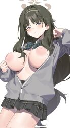 Rule 34 | 1girl, airseal, alternate breast size, bare legs, black hair, blue archive, blue eyes, bow, bowtie, breasts, breasts out, cardigan, dress, hairband, halo, highres, large breasts, long hair, looking at viewer, nipples, school uniform, shirt, simple background, skirt, solo, tsumugi (blue archive), twitter, white background, white shirt