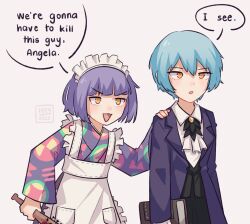 Rule 34 | 2girls, absurdres, angela (project moon), apron, ascot, baseball cap, black ascot, black pants, black vest, blue coat, blue hair, bob cut, book, brooch, coat, collared shirt, commentary, english commentary, frilled apron, frills, hair between eyes, hat, highres, hirayacreates, holding, holding book, i think we&#039;re gonna have to kill this guy steven (meme), japanese clothes, jewelry, kimono, library of ruina, maid apron, maid headdress, meme, multiple girls, nail, pants, pocket, project moon, purple hair, purple kimono, shirt, short hair, signature, simple background, speech bubble, spiked bat, tasokare hotel, triangle mouth, tsukahara neko, vest, white apron, white background, white shirt, yellow brooch, yellow eyes