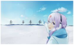 Rule 34 | 1girl, ahoge, binchou maguro, blue gloves, blue scarf, blue sky, border, bracelet, breath, cloud, cold, commentary request, earmuffs, from behind, gloves, hair ornament, hair scrunchie, highres, hood, hood down, hooded jacket, jacket, jewelry, lens flare, light purple hair, long sleeves, looking at viewer, looking back, okhotsk yukari, open mouth, outdoors, pointing, purple eyes, scarf, scrunchie, short hair with long locks, sky, smile, snow, solo, sunlight, tree, upper body, vocaloid, voiceroid, white border, white jacket, yuzuki yukari