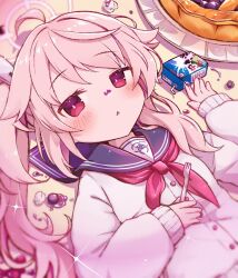 Rule 34 | 1girl, ahoge, atuudon, black sailor collar, blue archive, blush, cardigan, drinking straw, food, fork, halo, holding, holding fork, long hair, long sleeves, looking at viewer, milk carton, natsu (blue archive), neckerchief, parted lips, pink hair, pink halo, red eyes, red neckerchief, sailor collar, side ponytail, solo, triangle mouth, upper body, white cardigan