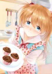Rule 34 | 1girl, apron, baumku techen, blue eyes, blush, brown hair, closed mouth, collarbone, food, food print, frown, hair between eyes, headgear, highres, holding, holding plate, kitchen, long hair, looking at viewer, muffin, neon genesis evangelion, pink apron, plate, print apron, shirt, short sleeves, solo, souryuu asuka langley, strawberry print, white shirt