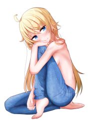 Rule 34 | 1girl, ahoge, barefoot, blonde hair, blue eyes, blue pants, blush, breasts, chuutaro metal, closed mouth, denim, from side, full body, hair between eyes, highres, jeans, long hair, looking at viewer, new game!, pants, sideboob, simple background, sitting, small breasts, smile, solo, straight hair, tooyama rin, topless, very long hair, white background, yagami kou