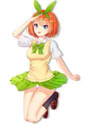 Rule 34 | 1girl, absurdres, bad id, bad pixiv id, blue eyes, blush, bow, breasts, brown footwear, catnnn, commentary request, full body, go-toubun no hanayome, green bow, green ribbon, green skirt, hair between eyes, hair intakes, hair ribbon, highres, loafers, looking at viewer, medium breasts, nakano yotsuba, open mouth, orange hair, panties, ribbon, shirt, shoes, short hair, short sleeves, simple background, skirt, smile, solo, sweater vest, underwear, white background, white panties, white shirt
