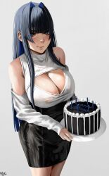 Rule 34 | 1girl, alternate costume, bare shoulders, birthday cake, black hair, black skirt, blue eyes, blue hair, breasts, cake, candle, cleavage, cleavage cutout, closed mouth, clothing cutout, colored inner hair, commentary, cowboy shot, dated, english commentary, food, grey background, hair intakes, happy birthday, high-waist skirt, highres, holding, holding plate, hololive, hololive english, large breasts, light blush, long hair, long sleeves, looking at viewer, multicolored hair, ouro kronii, plate, shirt, shoulder cutout, signature, simple background, skirt, sleeves past wrists, smile, solo, standing, steb, turtleneck, turtleneck shirt, two-tone hair, very long hair, virtual youtuber, white shirt