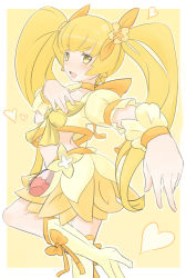 Rule 34 | 10s, 1girl, blonde hair, boots, bow, cure sunshine, heartcatch precure!, highres, magical girl, midriff, myoudouin itsuki, orange bow, precure, skirt, solo, twintails, ug (nekonekodou), yellow background, yellow bow, yellow eyes, yellow skirt, yellow theme