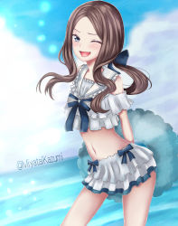 Rule 34 | 1girl, absurdres, alternate costume, arms behind back, bare shoulders, black bow, blue eyes, blue sky, blush, bow, breasts, brown hair, day, fate/grand order, fate (series), forehead, frilled swimsuit, frills, hair bow, highres, innertube, leonardo da vinci (fate), leonardo da vinci (fate/grand order), leonardo da vinci (rider) (fate), long hair, looking at viewer, miniskirt, miyata ichimi, navel, one-piece swimsuit, one eye closed, open mouth, parted bangs, ponytail, sailor collar, sidelocks, skirt, sky, small breasts, smile, solo, swim ring, swimsuit, thighs, white one-piece swimsuit