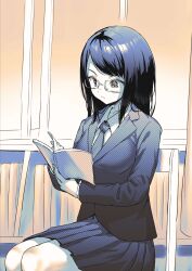 Rule 34 | 1girl, absurdres, ayanakitori, blazer, blush, book, commentary request, glasses, highres, holding, holding book, jacket, long sleeves, medium hair, necktie, original, pleated skirt, reading, school uniform, shirt, sitting, skirt, solo, thighs