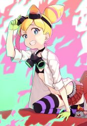 Rule 34 | 1girl, absurdres, bad id, bad twitter id, bikini, bikini top only, blonde hair, blue eyes, cloba, cone hair bun, double bun, gas mask, gloves, goggles, grin, hair bun, highres, inactive account, lab coat, lucia fex, mask, multicolored hair, open clothes, open shirt, promare, smile, striped clothes, striped legwear, striped thighhighs, swimsuit, thighhighs, two-tone hair