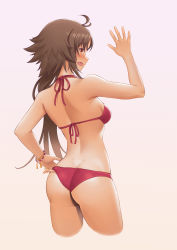 Rule 34 | 1girl, absurdres, ahoge, ass, back, bare shoulders, bikini, blush, brown hair, dawn02, fang, highres, long hair, looking at viewer, open mouth, pink background, princess connect!, red bikini, red eyes, simple background, solo, swimsuit