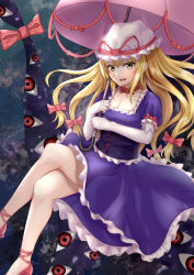 Rule 34 | 1girl, abstract background, arm ribbon, blush, bow, bow choker, breasts, choker, cleavage, colored eyelashes, corset, crossed legs, dress, elbow gloves, floating, floating hair, frilled corset, frilled dress, frilled hat, frills, full body, gap (touhou), gloves, hair bow, hat, hat ribbon, highres, holding, holding umbrella, lazy eye, looking at viewer, mob cap, open mouth, pink bow, pink footwear, pink ribbon, pink umbrella, purple corset, purple dress, red eyes, ribbon, ribbon trim, shiny skin, short sleeves, sidelocks, slippers, smile, solo, thighs, touhou, umbrella, urochii (ju2ti6jgpt), white gloves, white hat, yakumo yukari, yellow eyes