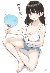 Rule 34 | 1girl, absurdres, bare legs, bare shoulders, barefoot, black eyes, black hair, blue shorts, blush, breasts, butterfly sitting, feet, from above, hand fan, highres, holding, holding fan, large breasts, long hair, looking at viewer, looking up, mole, mole under eye, open mouth, original, shirt, shirt tug, short shorts, shorts, sitting, soles, solo, sweat, takenoko no you, tank top, toes, white shirt