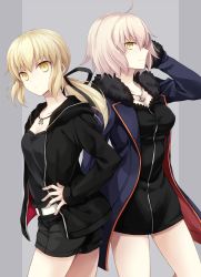 Rule 34 | 2girls, alternate costume, artoria pendragon (all), artoria pendragon (fate), black dress, blonde hair, breasts, cleavage, cowboy shot, dark persona, dress, fate/grand order, fate (series), fur trim, hand in own hair, hand on own hip, jeanne d&#039;arc (fate), jeanne d&#039;arc (ruler) (fate), jeanne d&#039;arc alter (fate), jeanne d&#039;arc alter (ver. shinjuku 1999) (fate), jewelry, kubyou azami, large breasts, looking at viewer, multiple girls, necklace, official alternate costume, ponytail, saber (fate), saber alter, saber alter (ver. shinjuku 1999) (fate), serious, short dress, short hair, shorts, small breasts, yellow eyes
