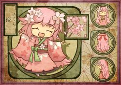 Rule 34 | 1girl, akihiyo, asa no ha (pattern), blush stickers, character sheet, cherry blossoms, closed eyes, fairy, flower, from behind, japanese clothes, kimono, long hair, original, personification, pink hair, ribbon, solo, translation request