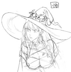 Rule 34 | 10s, 1girl, annoyed, bandai, blunt bangs, breasts, cleavage, criss-cross halter, culdcept, culdcept (series), culdcept revolt, earrings, female focus, frills, halterneck, hat, headwear request, hypna, jacket, jewelry, large breasts, leaning forward, lineart, long hair, looking at viewer, monochrome, navel, nishimura kinu, official art, open clothes, open jacket, open mouth, parted lips, revealing clothes, simple background, sketch, solo, standing, upper body, white background, witch, witch hat, yellow eyes