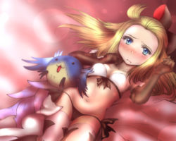 Rule 34 | 1girl, ahoge, bikini, blonde hair, blue eyes, blush, bow, bravely default: flying fairy, bravely default (series), breasts, closed mouth, commentary request, edea lee, elbow gloves, gloves, hair bow, haku (grimjin), long hair, looking at viewer, navel, simple background, swimsuit, thighhighs