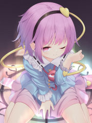 Rule 34 | 1girl, absurdres, arm support, black hairband, blue shirt, blush, closed mouth, commentary request, dark background, flat chest, frilled shirt collar, frills, from above, hairband, hand up, heart, highres, komeiji satori, light trail, long sleeves, looking at viewer, one eye closed, pink eyes, pink hair, pink skirt, raimeso235, shirt, short hair, simple background, sitting, skirt, slippers, smile, solo, third eye, touhou, wariza, ||/