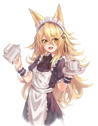 Rule 34 | 1girl, :d, absurdres, animal ears, blonde hair, blush, commentary request, cup, deluxe&lt;&lt;&lt;, fangs, fox ears, headdress, highres, holding, long hair, looking at viewer, maid, maid headdress, mug, open mouth, original, saucer, simple background, smile, solo, steam, tea, white background, wrist cuffs, yellow eyes