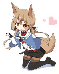 Rule 34 | 1girl, animal ears, black bow, black footwear, black gloves, black skirt, black thighhighs, blue capelet, blush, boots, bow, capelet, closed mouth, commentary request, fingerless gloves, fox ears, fox girl, fox tail, full body, gloves, hair bow, hair ornament, hairclip, hands up, heart, highres, ichi (ichi.colors), kantai collection, kemonomimi mode, kneeling, long hair, long sleeves, low twintails, paw pose, pleated skirt, shadow, shirt, simple background, skirt, smile, solo, star (symbol), tail, tashkent (kancolle), thigh boots, thighhighs, twintails, very long hair, white background, white shirt