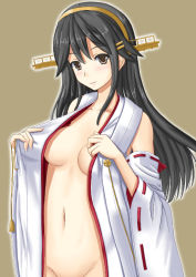 Rule 34 | 10s, 1girl, bad id, bad pixiv id, bare shoulders, black hair, breasts, brown background, brown eyes, collarbone, detached sleeves, groin, hair ornament, hairclip, haruna (kancolle), headgear, japanese clothes, kantai collection, navel, nontraditional miko, open clothes, out-of-frame censoring, oyabun (higashi), ribbon-trimmed sleeves, ribbon trim, simple background, smile, solo, wide sleeves