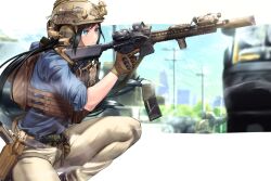 Rule 34 | 1girl, black hair, blue eyes, blue shirt, blue sky, blurry, blurry background, brown gloves, brown headwear, brown pants, closed mouth, cloud, commentary request, commission, day, depth of field, gloves, gun, helmet, highres, holding, holding gun, holding weapon, long hair, looking away, magazine (weapon), original, pants, power lines, shirt, short sleeves, skeb commission, sky, solo, squatting, utility pole, utsucan, very long hair, weapon, weapon request