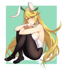 Rule 34 | 1girl, absurdres, animal ears, bad id, bad pixiv id, black pantyhose, blonde hair, blush, breasts, brown eyes, detached collar, earrings, fake animal ears, full body, goumudan, hairband, highres, jewelry, knees to chest, large breasts, leotard, long hair, looking at viewer, mythra (xenoblade), nail polish, nintendo, pantyhose, playboy bunny, rabbit ears, sideboob, sidelocks, simple background, sitting, solo, swept bangs, very long hair, wrist cuffs, xenoblade chronicles (series), xenoblade chronicles 2