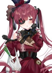 Rule 34 | 1girl, :o, bag, blush, bodystocking, breasts, cleavage, corset, dress, eyepatch, frilled dress, frills, gloves, gothic lolita, hair ribbon, hands up, hat, head tilt, heterochromia, highres, hololive, houshou marine, houshou marine (gothic lolita), large breasts, leotard, leotard under clothes, lolita fashion, long hair, looking at viewer, open mouth, red eyes, red hair, ribbon, satoupote, see-through, see-through cleavage, see-through leotard, shopping bag, solo, twintails, virtual youtuber