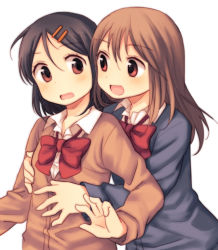 Rule 34 | 2girls, :d, bad id, bad pixiv id, black hair, blouse, bow, bowtie, brown hair, cardigan, collared shirt, grabbing, grabbing another&#039;s breast, hachiko (hati12), hair between eyes, hair ornament, hairclip, hand on another&#039;s chest, hand on another&#039;s stomach, happy, hug, hug from behind, long hair, long sleeves, looking at another, multiple girls, open mouth, original, red eyes, red ribbon, ribbon, school uniform, shirt, short hair, simple background, smile, upper body, wavy mouth, white background, white shirt, yuri